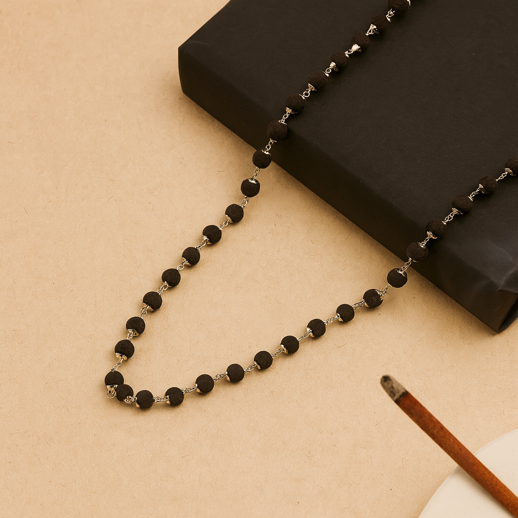 Silver Capped Karungali Malai – with Free Karungali Bracelet Gift